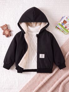 SHEIN Baby Girl Cute Black Versatile Thermal Lined Hooded Jacket, Autumn/Winter - Black - View 5