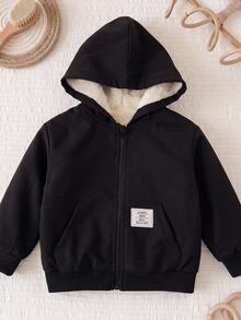 SHEIN Baby Girl Cute Black Versatile Thermal Lined Hooded Jacket, Autumn/Winter - Black - View 6
