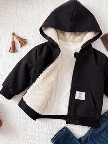 SHEIN Baby Girl Cute Black Versatile Thermal Lined Hooded Jacket, Autumn/Winter - Black - View 3
