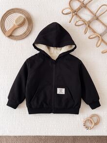 SHEIN Baby Girl Cute Black Versatile Thermal Lined Hooded Jacket, Autumn/Winter - Black - View 2