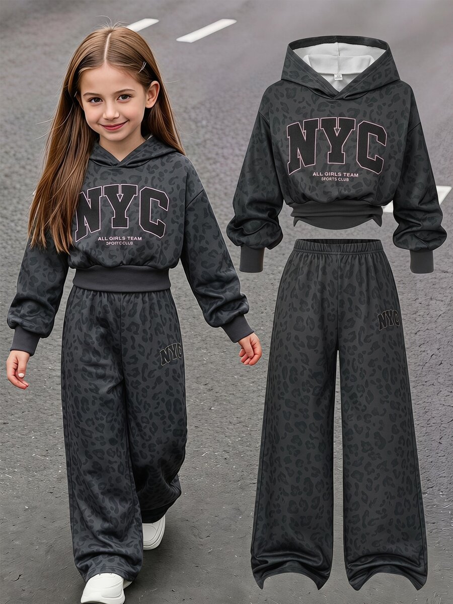 SHEIN Girls' Casual Fashion Knit Solid Color Front Letter Print Dropped Shoulder Long Sleeve Ribbed Waist Hooded Top With Front Center Line Sweatshirt And Pants 2 Pieces Set - Grey - View 1