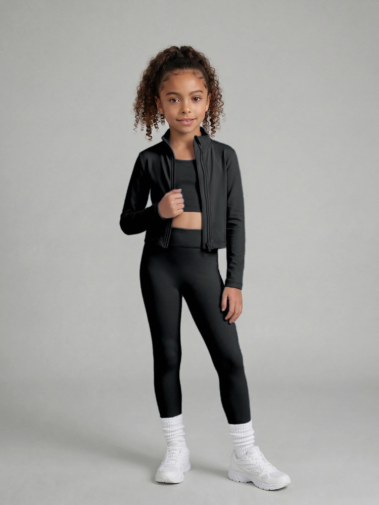 SHEIN Young Girls Fashion Casual Cowgirl Black 3 Pieces Set, Stylish Comfortable High Elasticity, Suitable For Sports, Exercise, Outdoor Activities, Fall - Black - View 8