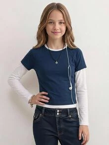 SHEIN Tween Girl Tween Girl Blue White Colorblock Graphic Raglan Long Sleeve Round Neck T-Shirt Casual Spring Fall Winter Festival Outfits, New Year - Blue and White - View 6
