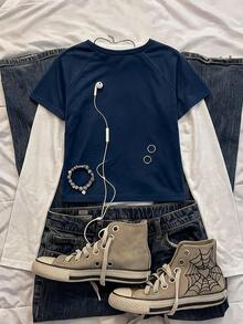 SHEIN Tween Girl Tween Girl Blue White Colorblock Graphic Raglan Long Sleeve Round Neck T-Shirt Casual Spring Fall Winter Festival Outfits, New Year - Blue and White - View 2