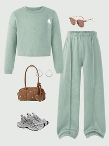 SHEIN Tween Girl Sweatshirt Set, Vintage Distressed Print 2 Pieces Set, Crew Neck Long Sleeve Pony Print Cropped Sweatshirt & Loose Long Pants Casual Outfit - Green - View 3