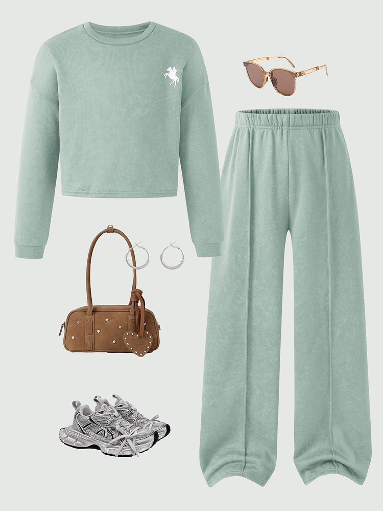SHEIN Tween Girl Sweatshirt Set, Vintage Distressed Print 2 Pieces Set, Crew Neck Long Sleeve Pony Print Cropped Sweatshirt & Loose Long Pants Casual Outfit - Green - View 3
