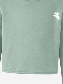 SHEIN Tween Girl Sweatshirt Set, Vintage Distressed Print 2 Pieces Set, Crew Neck Long Sleeve Pony Print Cropped Sweatshirt & Loose Long Pants Casual Outfit - Green - View 5