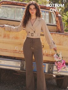 SHEIN MOD Shades Of Brown Cable Knit Textured Loose Fit Pants Lounge Autumn Casual - Brown - View 4