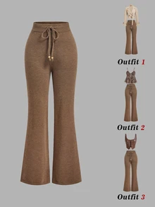 SHEIN MOD Shades Of Brown Cable Knit Textured Loose Fit Pants Lounge Autumn Casual - Brown - View 2