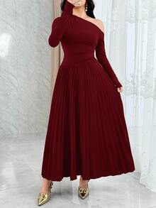 Feyla Elegant Ruched Asymmetric Hem Long Sleeve Dress, Versatile For Daily Wear And Gatherings - Burgundy - View 3