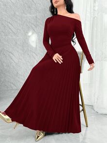 Feyla Elegant Ruched Asymmetric Hem Long Sleeve Dress, Versatile For Daily Wear And Gatherings - Burgundy - View 2