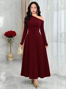 Feyla Elegant Ruched Asymmetric Hem Long Sleeve Dress, Versatile For Daily Wear And Gatherings - Burgundy - View 1