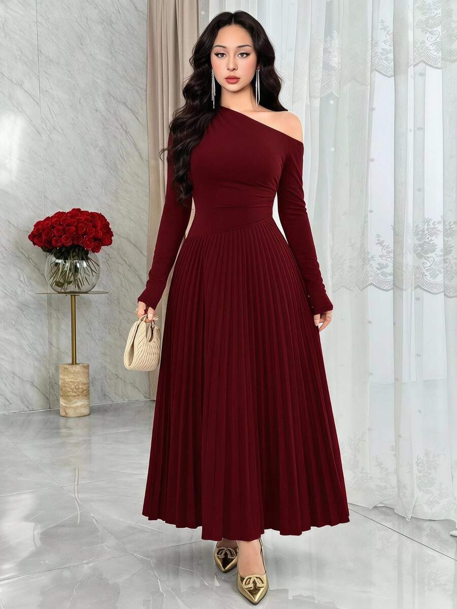 Feyla Elegant Ruched Asymmetric Hem Long Sleeve Dress, Versatile For Daily Wear And Gatherings - Burgundy - View 1