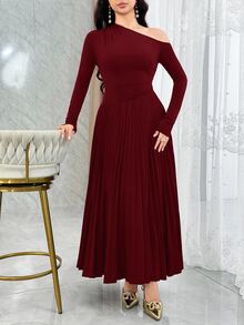 Feyla Elegant Ruched Asymmetric Hem Long Sleeve Dress, Versatile For Daily Wear And Gatherings - Burgundy - View 6