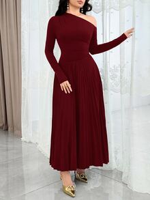 Feyla Elegant Ruched Asymmetric Hem Long Sleeve Dress, Versatile For Daily Wear And Gatherings - Burgundy - View 4