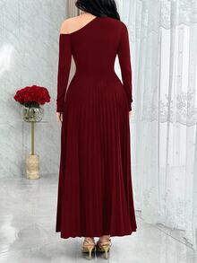 Feyla Elegant Ruched Asymmetric Hem Long Sleeve Dress, Versatile For Daily Wear And Gatherings - Burgundy - View 5