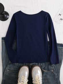 1pc Girls Short Sleeve Casual Ins Comfortable Loose Versatile Lace Trim Collar Button Decor T-Shirt, Fall, Fall Tops, Autumn - Blue - View 3