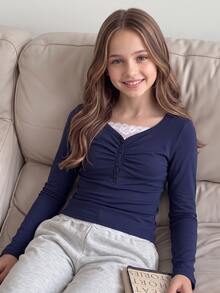 1pc Girls Short Sleeve Casual Ins Comfortable Loose Versatile Lace Trim Collar Button Decor T-Shirt, Fall, Fall Tops, Autumn - Blue - View 4
