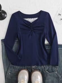 1pc Girls Short Sleeve Casual Ins Comfortable Loose Versatile Lace Trim Collar Button Decor T-Shirt, Fall, Fall Tops, Autumn - Blue - View 8