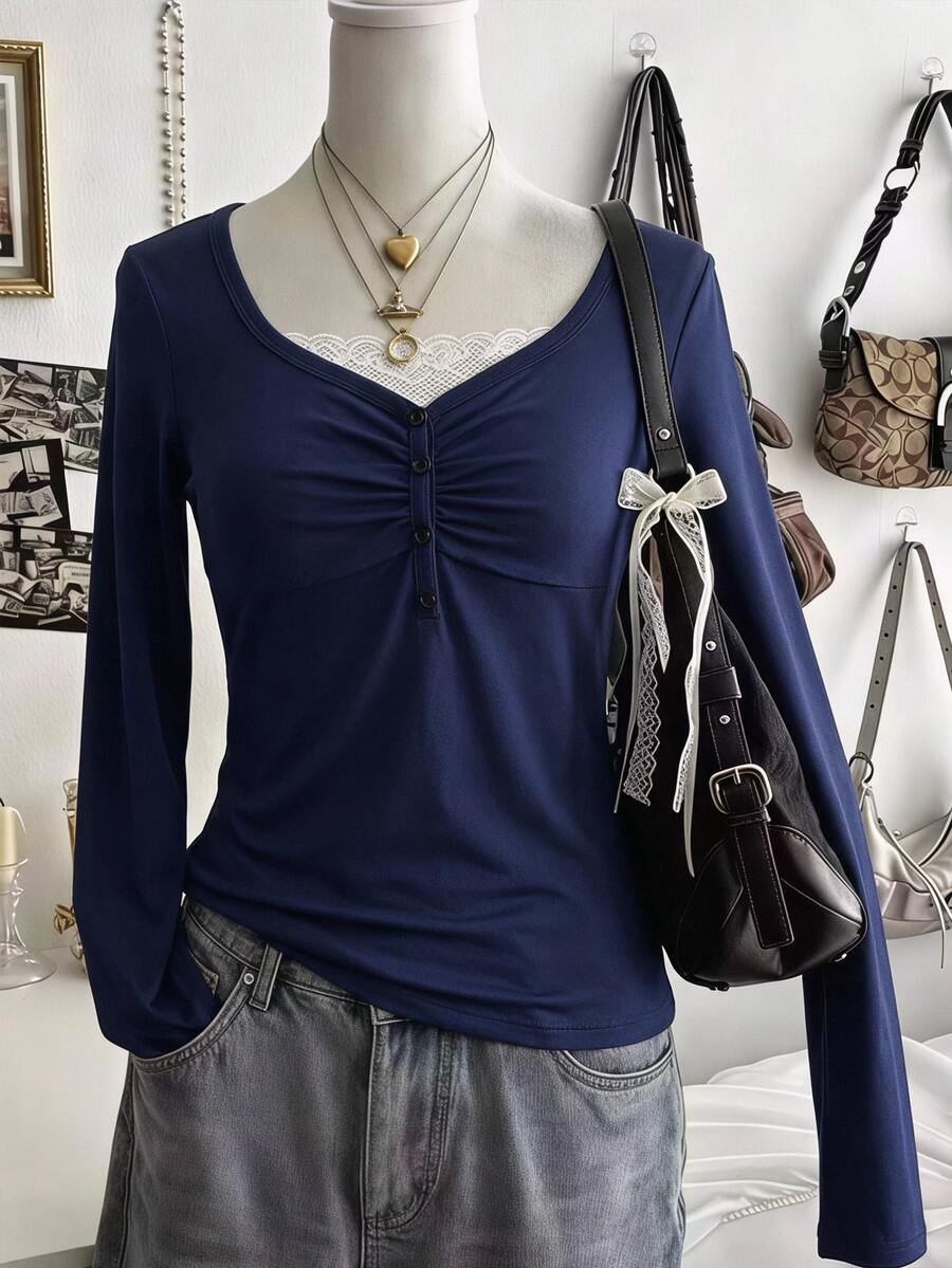 1pc Girls Short Sleeve Casual Ins Comfortable Loose Versatile Lace Trim Collar Button Decor T-Shirt, Fall, Fall Tops, Autumn