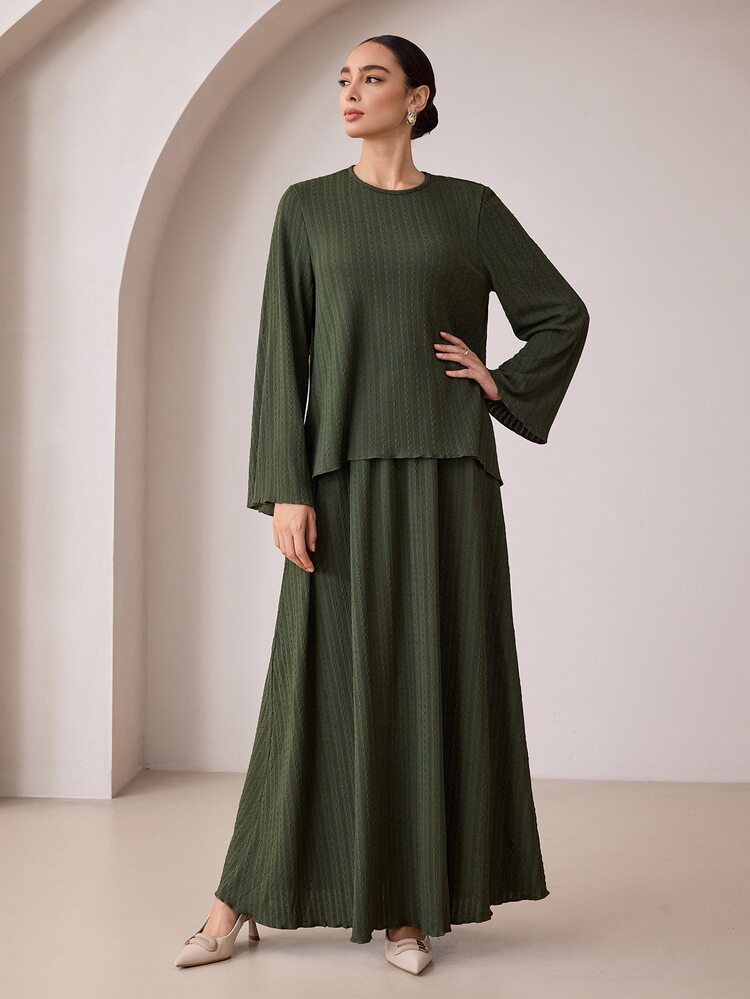 Rue Lumi Autumn/Winter Dark Green Textured Flare Sleeve Top & Long Skirt Casual Set - Dark Green - View 7