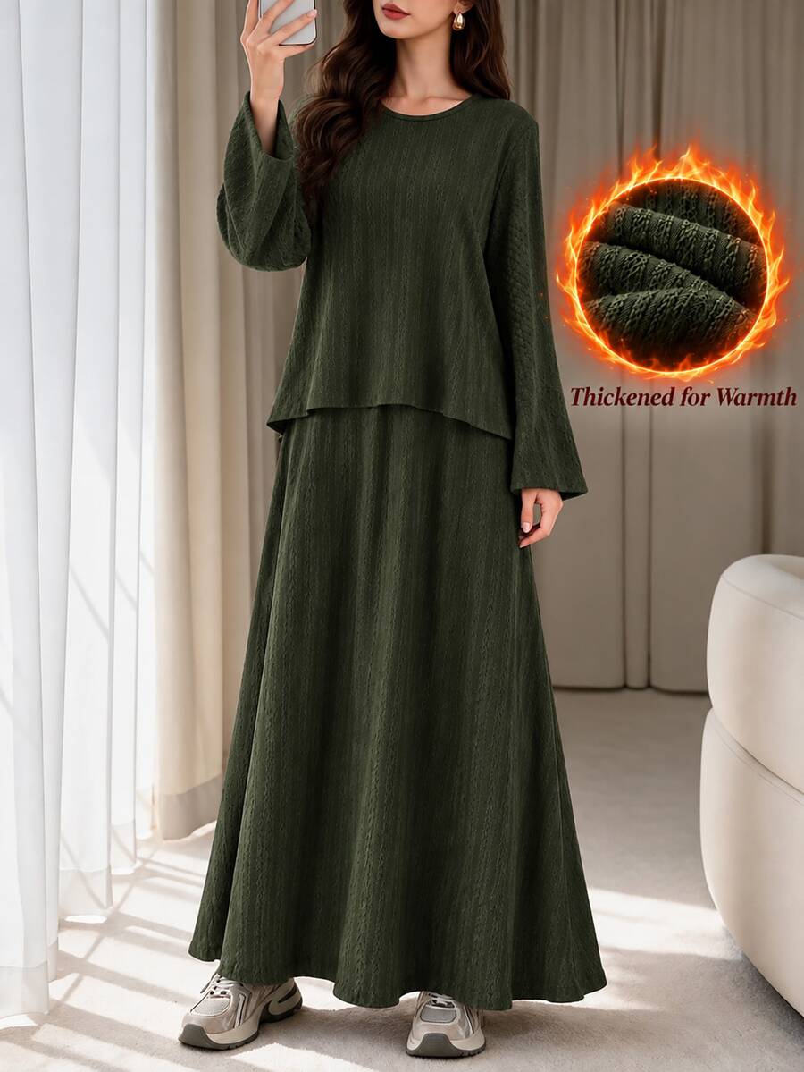Rue Lumi Autumn/Winter Dark Green Textured Flare Sleeve Top & Long Skirt Casual Set - Dark Green - View 1