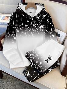 OldRiff 2 件男士休闲渐变色连帽衫和裤子运动服套装，秋季服装 - 白色 - 查看 2