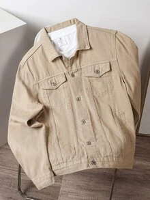 OldRiff Men Flap Pocket Denim Jacket Without Hoodie, For Fall - Khaki - View 2
