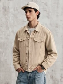 OldRiff Men Flap Pocket Denim Jacket Without Hoodie, For Fall - Khaki - View 1