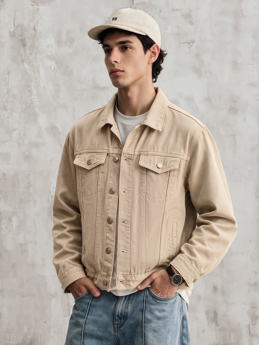 OldRiff Men Flap Pocket Denim Jacket Without Hoodie, For Fall - Khaki - View 1