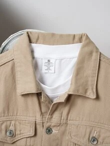 OldRiff Men Flap Pocket Denim Jacket Without Hoodie, For Fall - Khaki - View 6