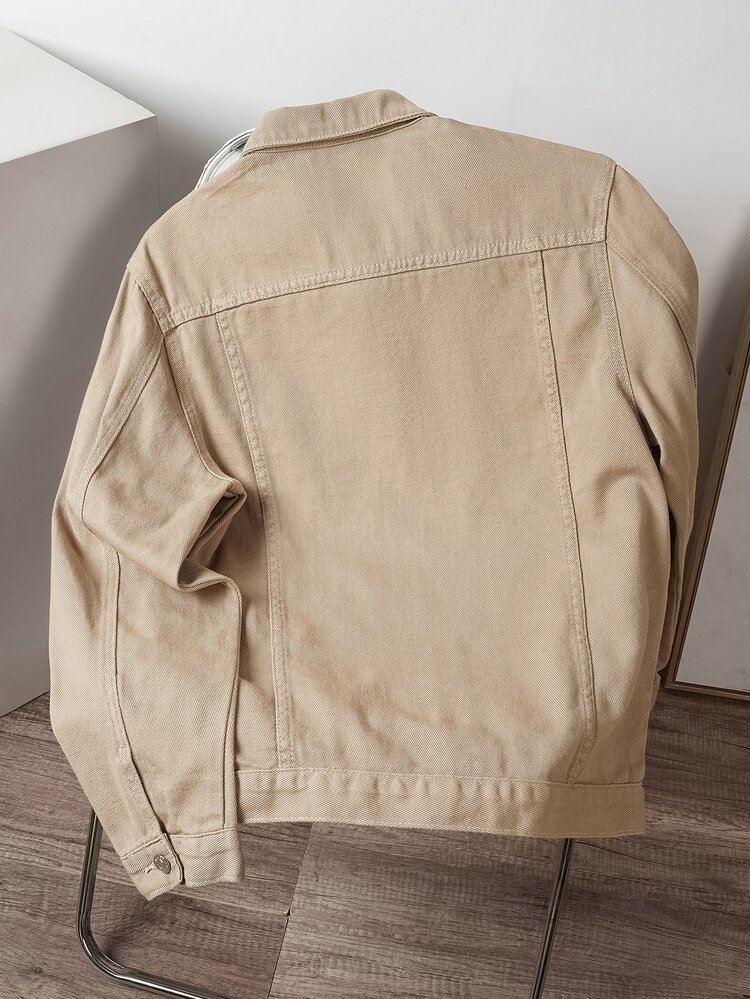 OldRiff Men Flap Pocket Denim Jacket Without Hoodie, For Fall - Khaki - View 3