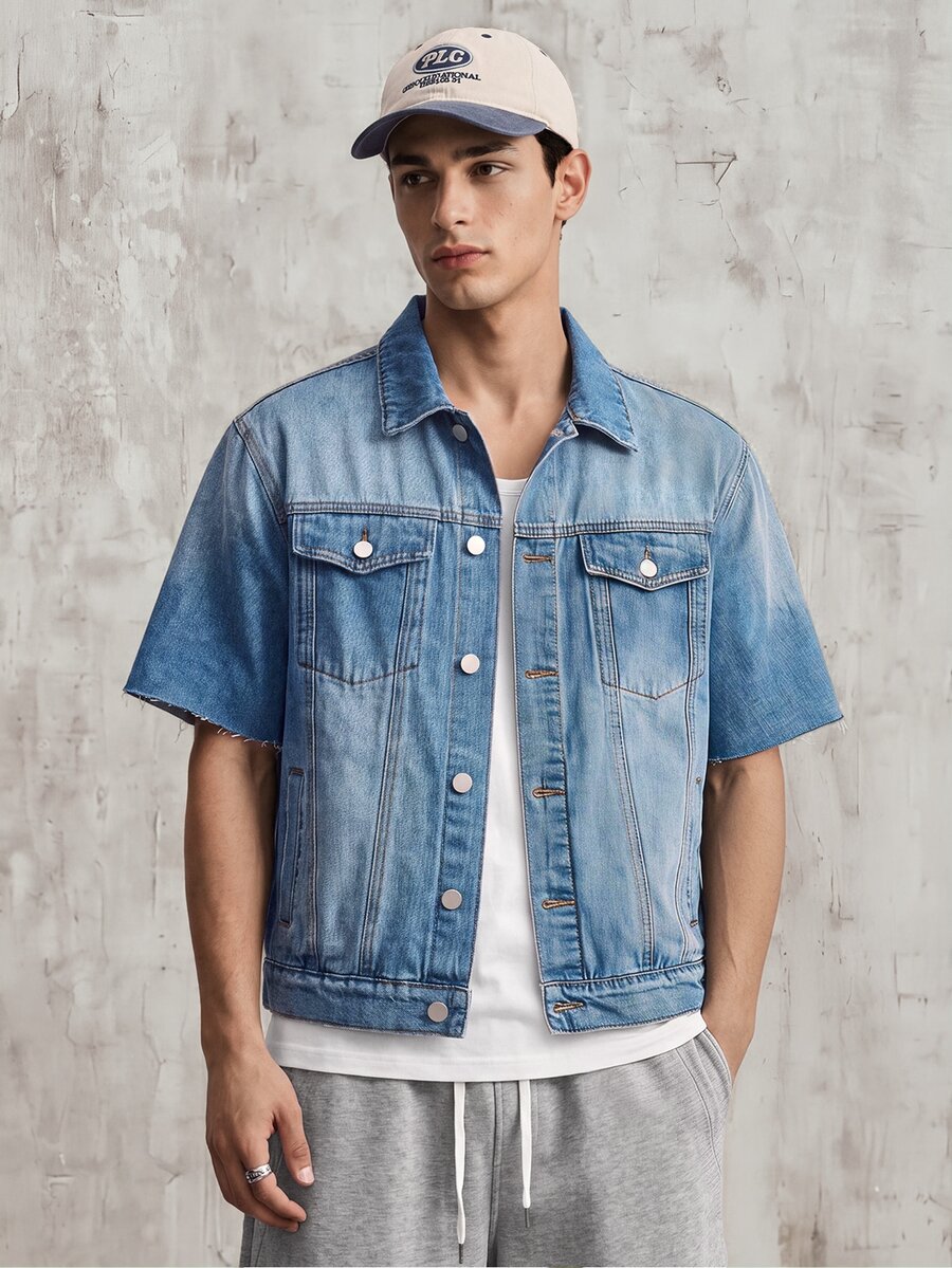 OldRiff Men's Loose Denim Short Sleeve Top - Medium Wash - View 1