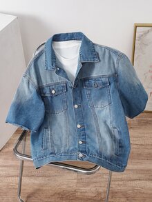 OldRiff Men's Loose Denim Short Sleeve Top - Medium Wash - View 2