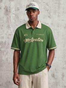 OldRiff Loose Fit Men's Letter Graphic Contrast Collar Polo Shirt - Green - View 1