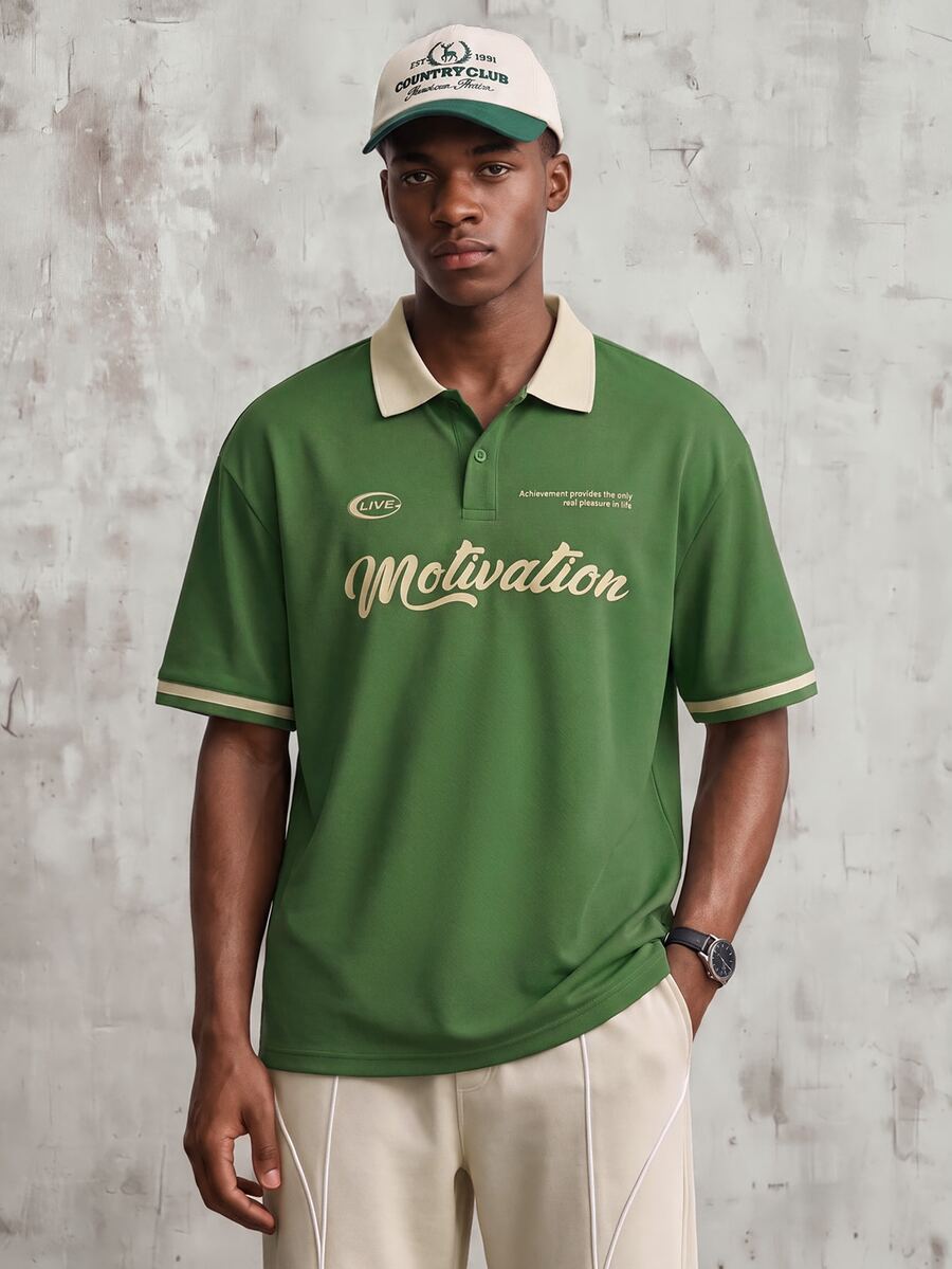 OldRiff Loose Fit Men's Letter Graphic Contrast Collar Polo Shirt - Green - View 1