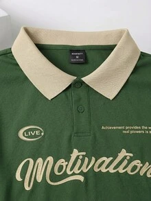 OldRiff Loose Fit Men's Letter Graphic Contrast Collar Polo Shirt - Green - View 4
