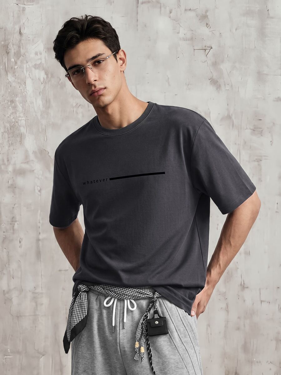 OldRiff Men's Simple Printed Round Neck Short Sleeve T-Shirt - Grey - View 1