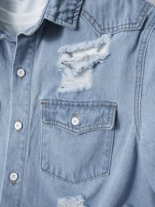 OldRiff Men's Casual Washed Distressed Denim Short Sleeve Shirt Men Jean Shirt - Light Wash - View 5