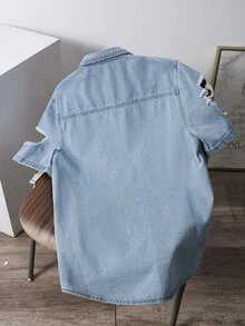 OldRiff Men's Casual Washed Distressed Denim Short Sleeve Shirt Men Jean Shirt - Light Wash - View 2