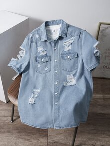 OldRiff Men's Casual Washed Distressed Denim Short Sleeve Shirt Men Jean Shirt - Light Wash - View 3