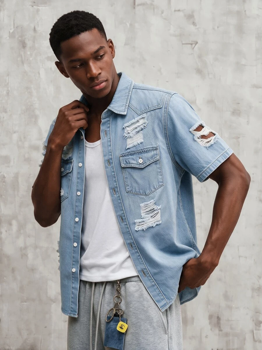 OldRiff Men's Casual Washed Distressed Denim Short Sleeve Shirt Men Jean Shirt - Light Wash - View 1