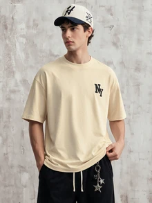 OldRiff Kaos Lengan Pendek Kasual Pria dengan Cetakan Huruf, Musim Panas - Khaki - View 1
