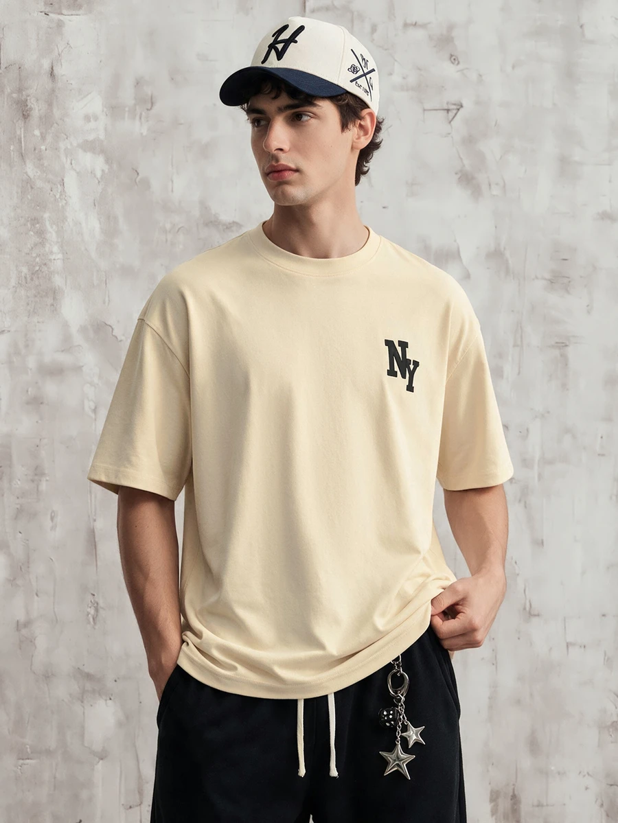 OldRiff Kaos Lengan Pendek Kasual Pria dengan Cetakan Huruf, Musim Panas - Khaki - View 1