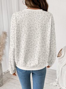 SHEIN LUNE 女款休閒淺色豹紋圓領衛衣，適合秋冬穿著，豹紋外出上衣 - 白色 - 查看 2