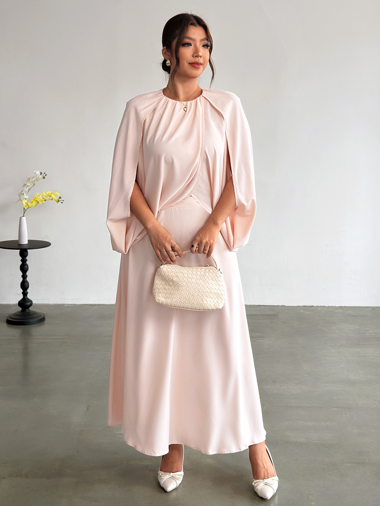 Firerie Plus Size Sweet Cross Pleated Top And Long Skirt 2 Pieces Set - Apricot - View 4