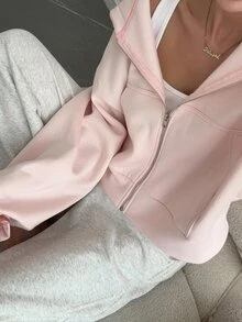 Livesso Women's Minimalist Solid Color Zip-Up Sweatshirt, Autumn Jacket Hoodies - Pink - View 2
