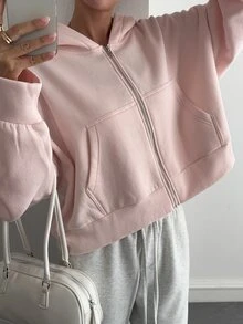 Livesso Women's Minimalist Solid Color Zip-Up Sweatshirt, Autumn Jacket Hoodies - Pink - View 7