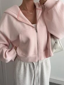 Livesso Women's Minimalist Solid Color Zip-Up Sweatshirt, Autumn Jacket Hoodies - Pink - View 6