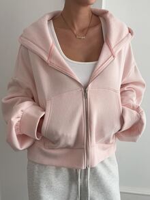Livesso Women's Minimalist Solid Color Zip-Up Sweatshirt, Autumn Jacket Hoodies - Pink - View 5